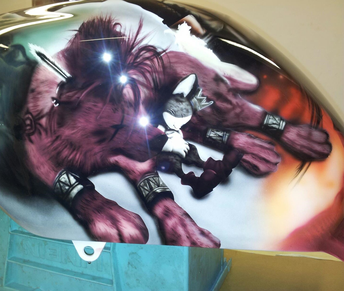 Airbrushed Painting of a CBR600RR Motorbike, in the style of Final Fantasy with the character Red thirteen
